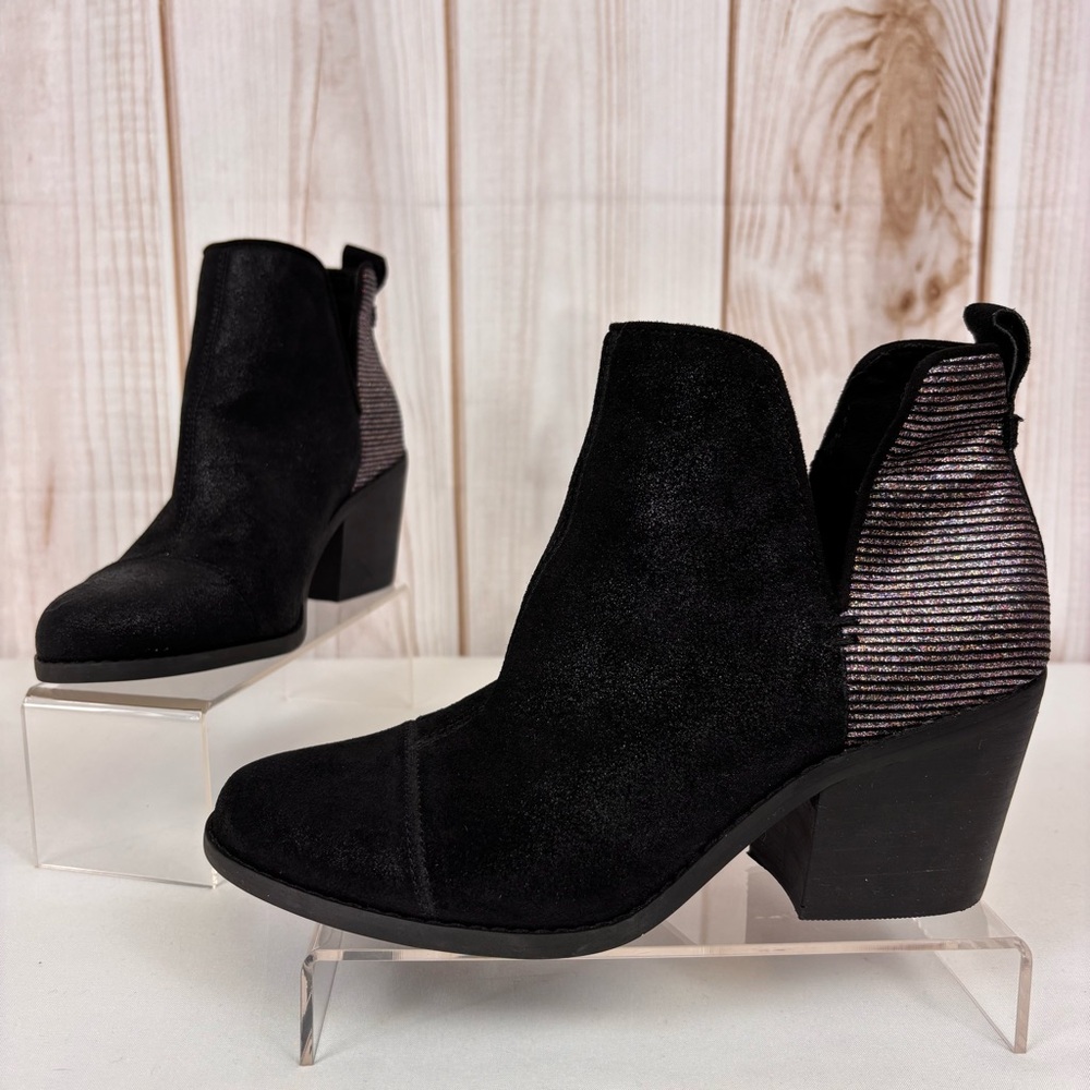 Toms Everly Glitter Cutout Leather Ankle Boots Metallic Bootie Black Sz 7.5